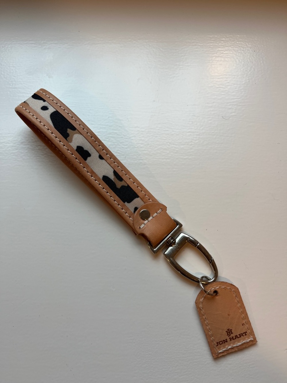 Jon Hart Tan Leather Wristlet Key Fob with Black & Cream Camo Stripe